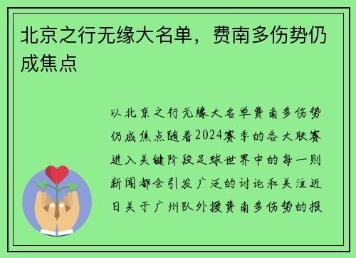 北京之行无缘大名单，费南多伤势仍成焦点