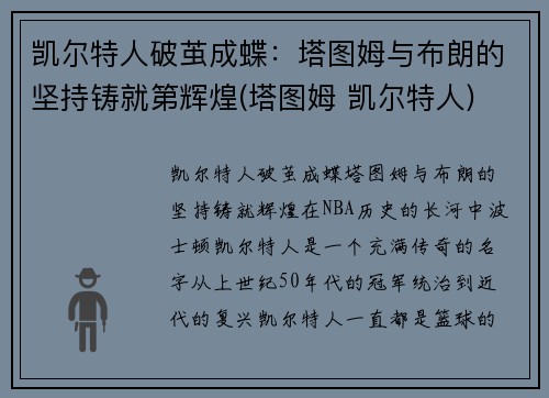 凯尔特人破茧成蝶：塔图姆与布朗的坚持铸就第辉煌(塔图姆 凯尔特人)