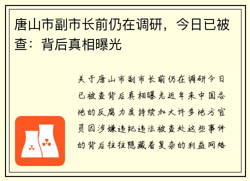 唐山市副市长前仍在调研，今日已被查：背后真相曝光