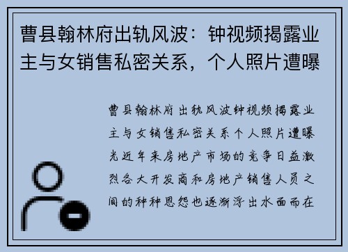 曹县翰林府出轨风波：钟视频揭露业主与女销售私密关系，个人照片遭曝光
