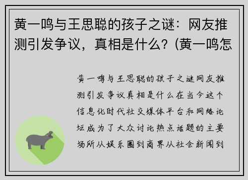 黄一鸣与王思聪的孩子之谜：网友推测引发争议，真相是什么？(黄一鸣怎么了)