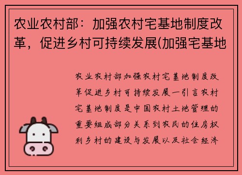 农业农村部：加强农村宅基地制度改革，促进乡村可持续发展(加强宅基地管理)