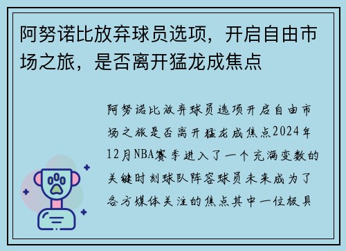 阿努诺比放弃球员选项，开启自由市场之旅，是否离开猛龙成焦点