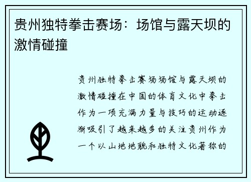 贵州独特拳击赛场：场馆与露天坝的激情碰撞