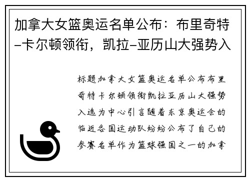 加拿大女篮奥运名单公布：布里奇特-卡尔顿领衔，凯拉-亚历山大强势入选