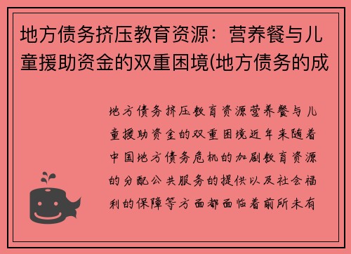 地方债务挤压教育资源：营养餐与儿童援助资金的双重困境(地方债务的成因和对策)