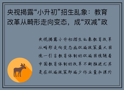 央视揭露“小升初”招生乱象：教育改革从畸形走向变态，成“双减”政策最大困境